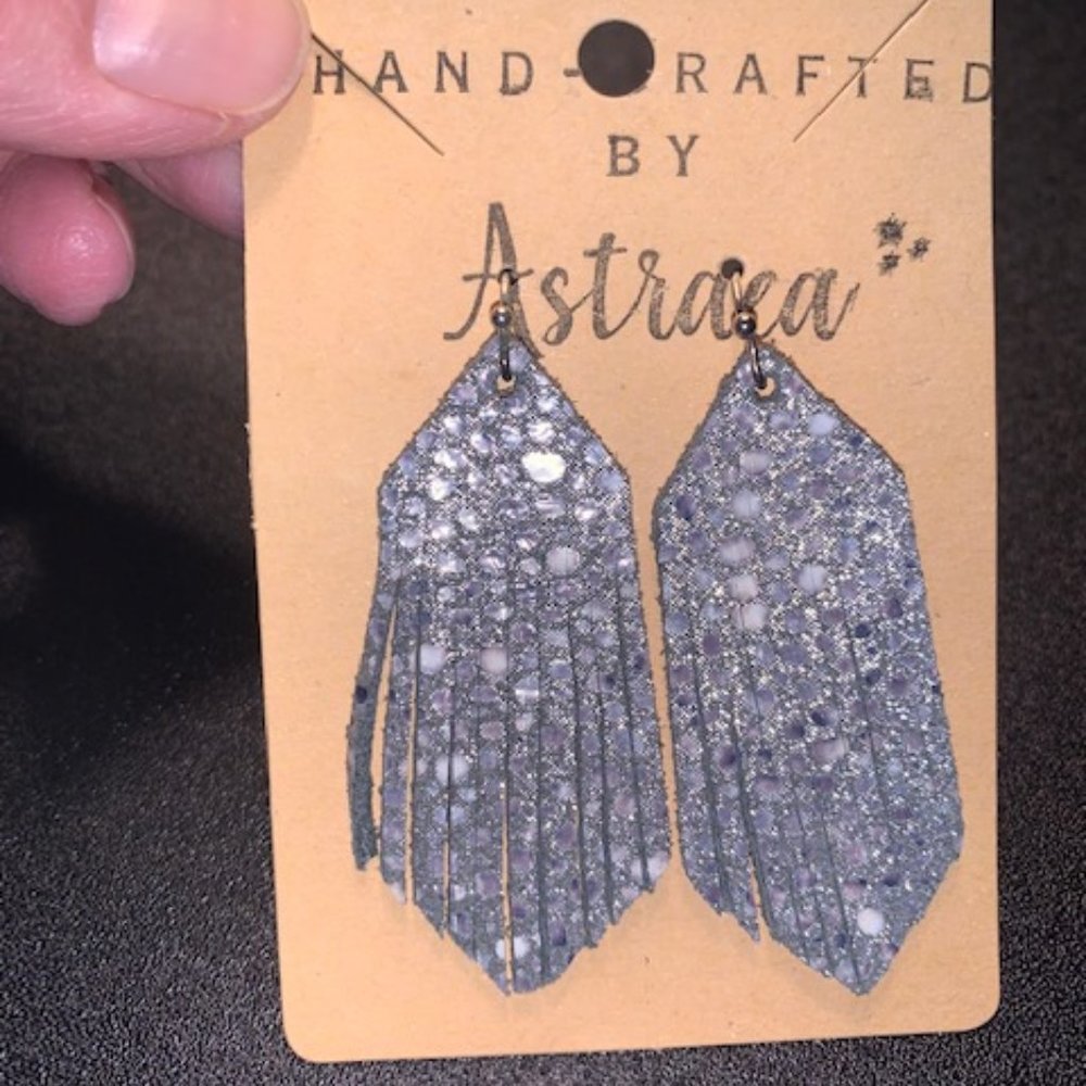 Leather Earrings - Fringed Silver Sparkle